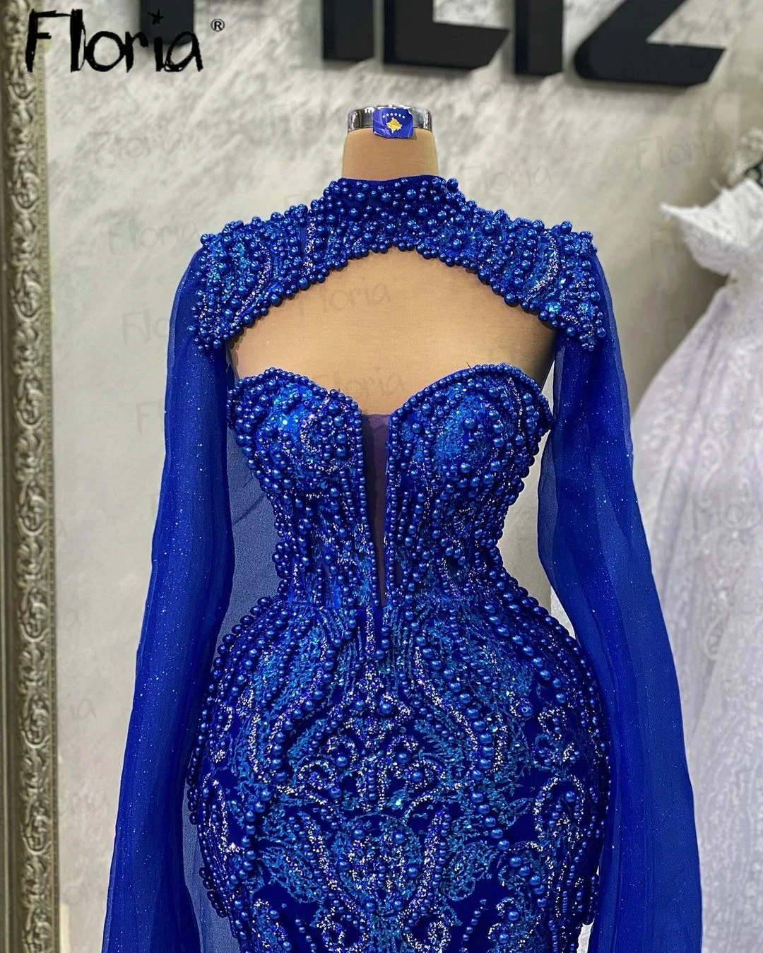 Pearls Lace Appliqued Blue Evening Dress 2 Pieces Cape Sleeve Dubai Women Wedding Party Night Gowns Long Robes De Soirée Custom