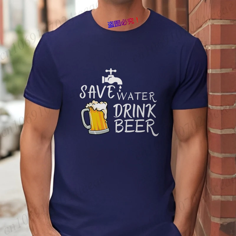 Save Water Drink Beer T-Shirt for Men, Cartoon Beer Tap & Mug Graphic Tee, Short Sleeve O Neck Tops, Funny Drinking Lover Gift