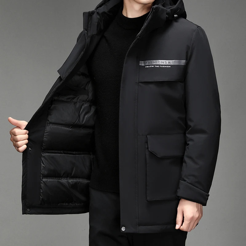 

Мужская удлиненная куртка-пуховик из гусиного пуха, модная рабочая одежда в стиле папы/дедушки, с капюшоном из полиэфирного волокна, однотонная