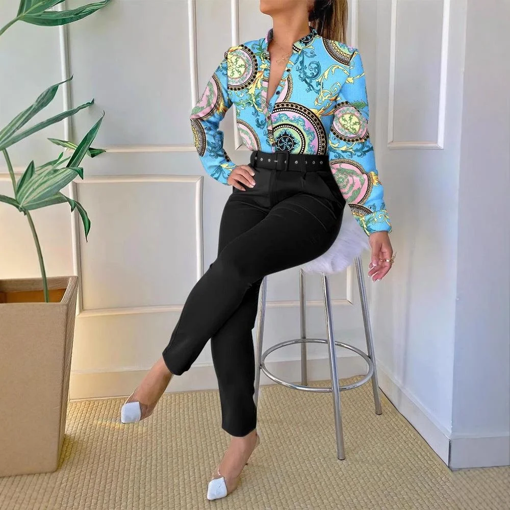 

Women's Printed Stand up Collar Long Sve irt Top Faionable Ele Sle for Autumn Season Long Pants Included