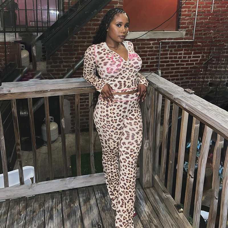 Women Tracksuit Leopard Letter Print 2 Piece Set Sporty Casual Hooded Crop Jacket+Flare Pants Stretch Matching Suits