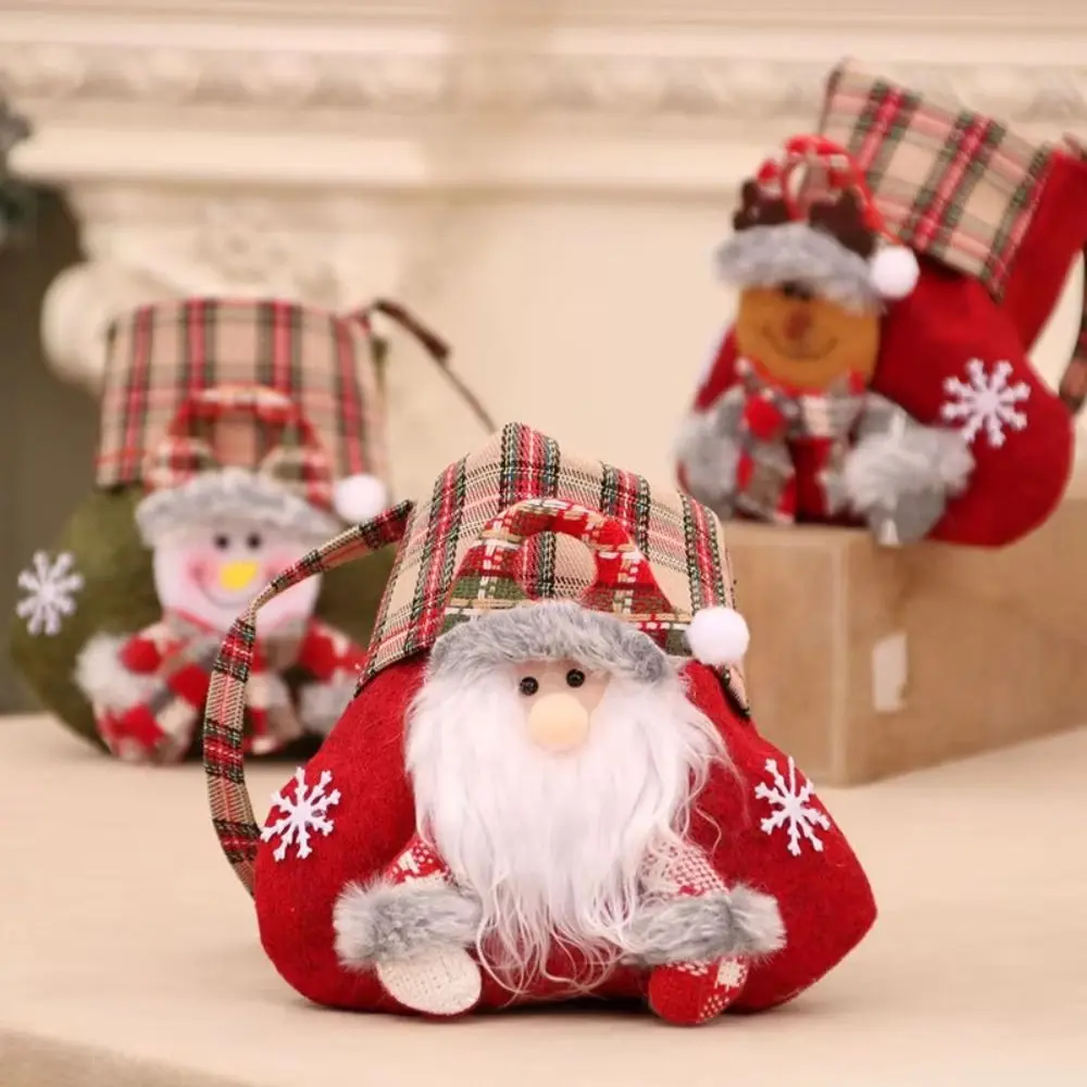 Plaid Trim Christmas Gift Bag Long Carry Handles Open Top Holiday Gift Bag Applique Decoration Christmas Tote Bag Candy Storage