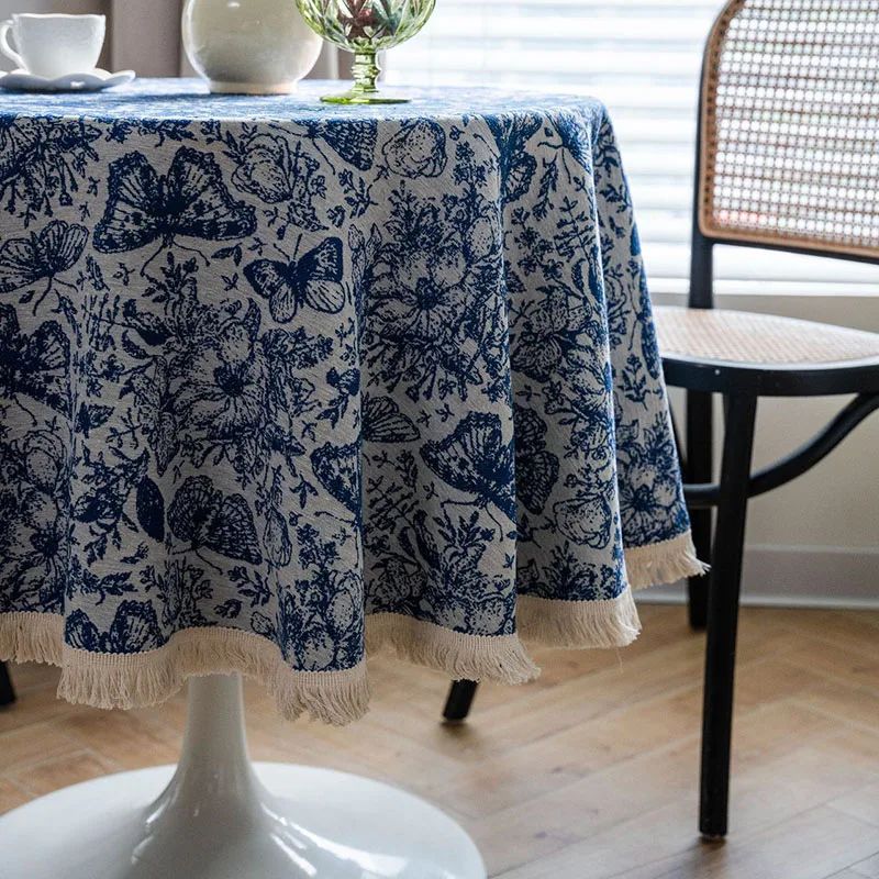 Retro Floral Printed Round Tablecloth Dust-Proof Tassel Table Cover Cloth for Dining Party Anti-Wear Home Decoration for Banquet