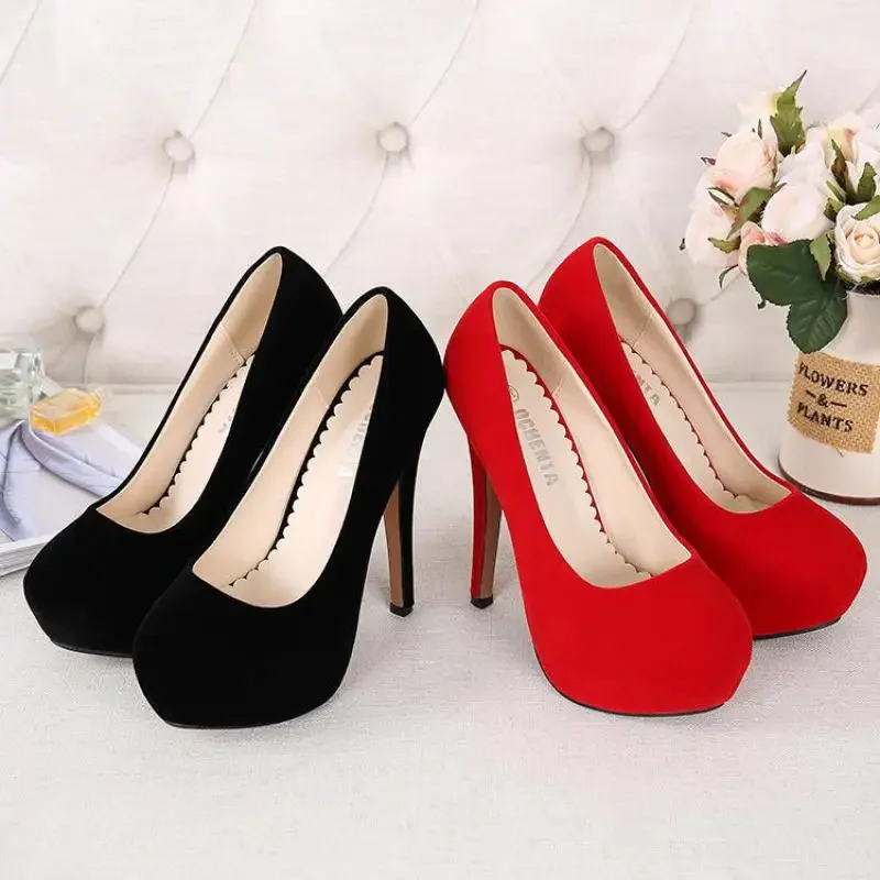 Heels Women Luxury Street Style British Style Sexy Fashion ELEGANT Slip-On 14CM Thin Heels Round Toe Party Women Shoes Red 35-46