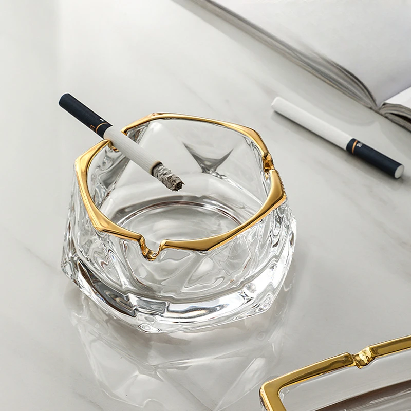 

European Style Gold Frame Glass Ashtray Polygonal Crystal Ashtray Birthday Gift Office Living Room Ash Storage Tray Home Decor
