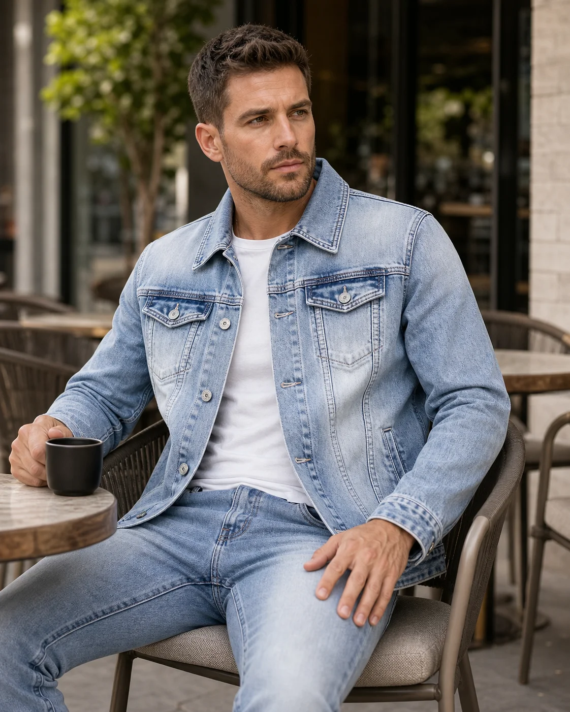 Immagine 4: Abbigliamento autunnale da uomo: giacca di jeans stile coreano a maniche lunghe e pantaloni che slanciano la silhouette e donano una vestibilità aderente.