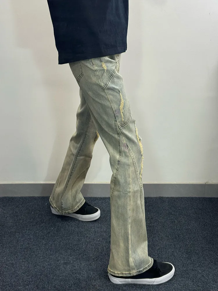 

Yellow Mud Color Men's High Street Vibe Wide Leg Jeans American Retro Worn out Straight Tube Pants Casual Loose Fit Jeans