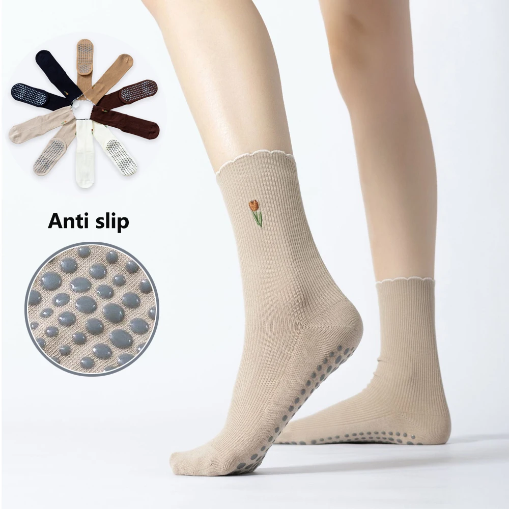 Embroidery Flower Yoga Pilates socks for women Non-slip floor sports Calf socks Fashion all-match trend socks