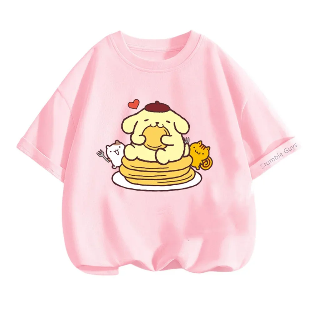 Kawaii Anime Pom Pom Purin Cut Cartoon Boys Clothes Girls Summer Short Sleeve Teen T-shirt Versatile Loose Top Birthday Gift