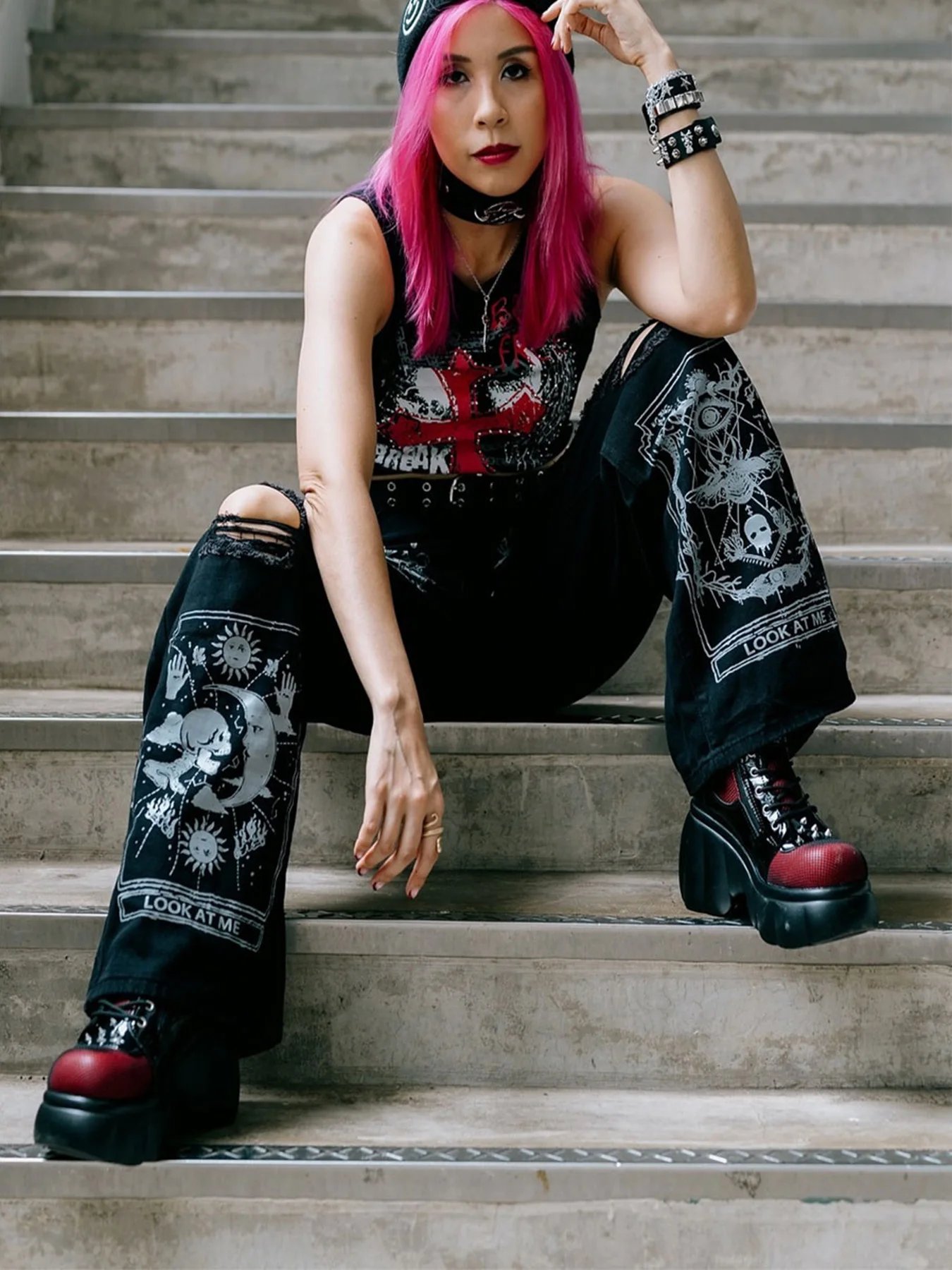 

Темные уличные джинсы Street Punk с несколькими узорами, женские прямые джинсы, женские черные джинсы, осенние новинки, подходят