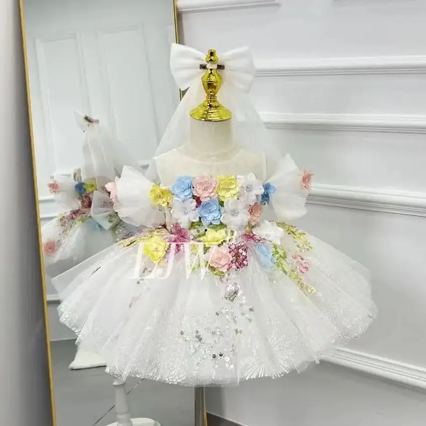 

Toddler white flower white flower Sleeveless Princess Gown Wedding Performance 1st Birthday Pageant Party Easter Party Clothes