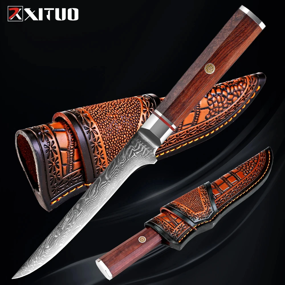 Hand Forged Damascus Steel Boning Knife High Hardness Kitchen Utility Knife Octagon Rosewood Wood Handle with Cowhide Sheath