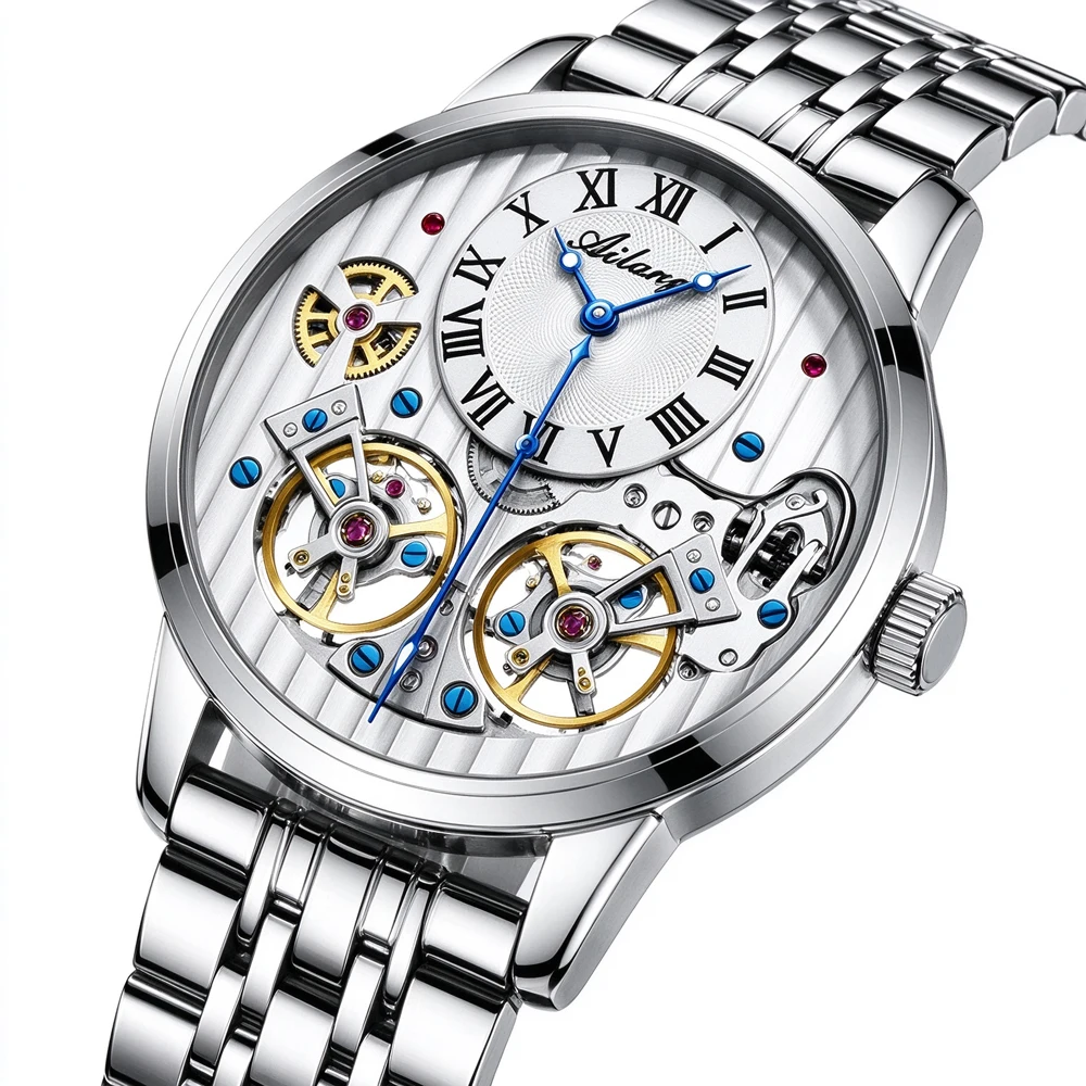 Men Automatic Mechanical Watch Roman Numeral Stainless Steel Band Luxury Wristwatch for Male Super Cool Double Tourbillon