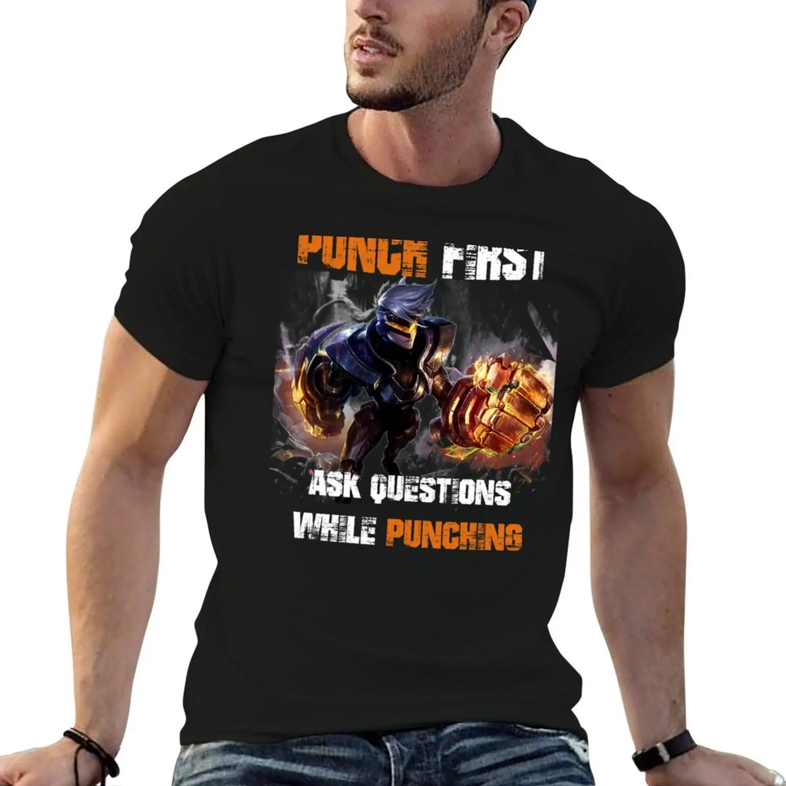Punch first , ask questions while punching T-Shirt cotton graphic tees graphic t shirt vintage T-shirts for men cotton