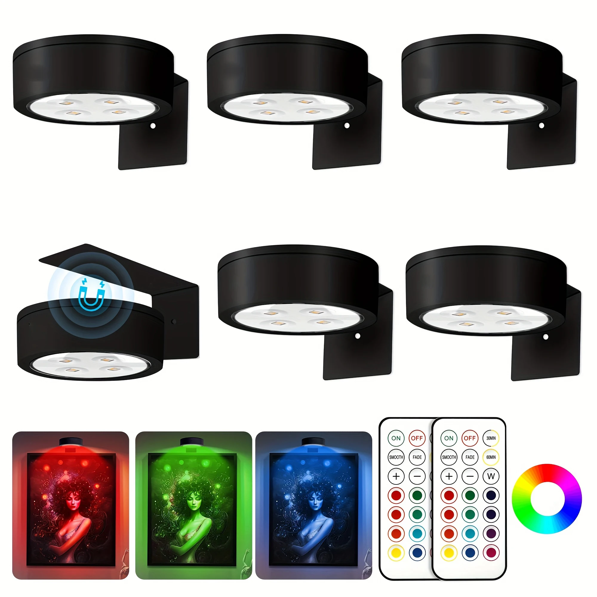 

Магнитный светодиодный светильник для картин RGB/CCT, беспроводной настенный светильник на батарейках с пультом ДУ, диммируемый, с таймером, для подсветки картин, 3/6 шт.