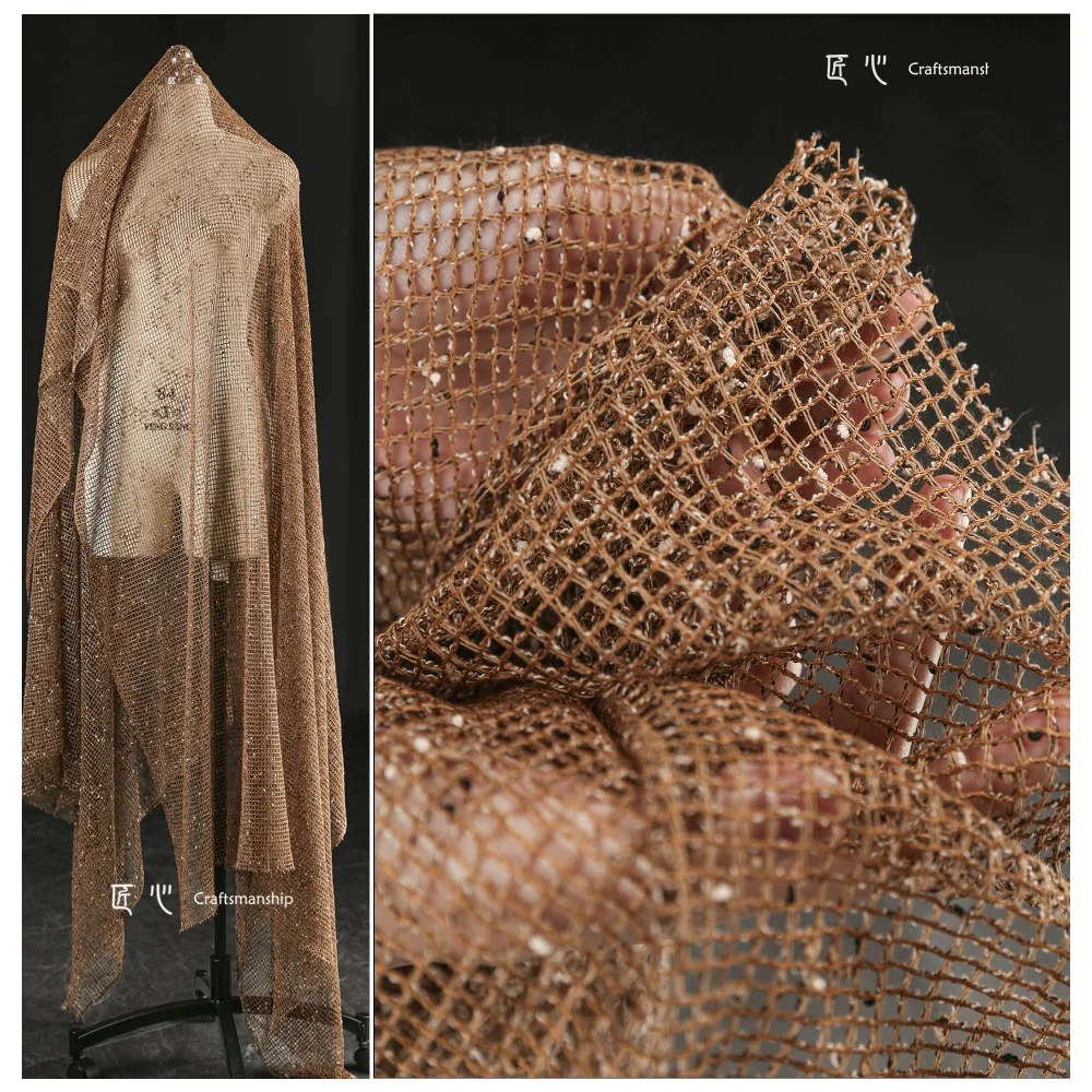 Brown Caramel Texture Granule Mesh Cloth Recreation Fish Mesh Perspective Yarn Dress Fashion Designer Fabric DIY Sewing Material