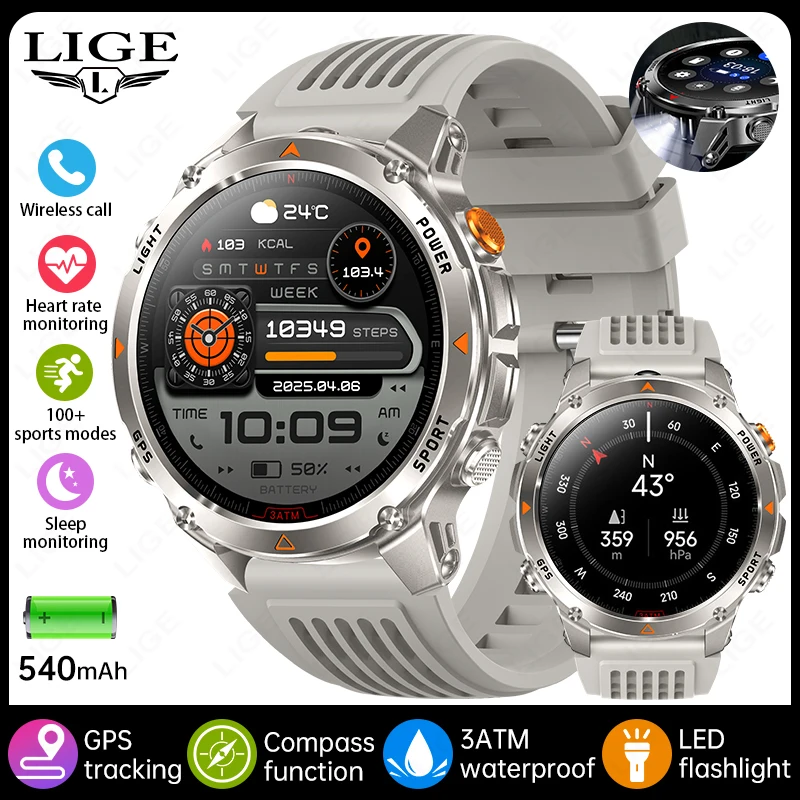LIGE 2025 New Professional GPS Track Sports Smartwatch Outdoor RIDE Run Compass Altimeter 3ATM Fitness Bracelets 540mAh Watches