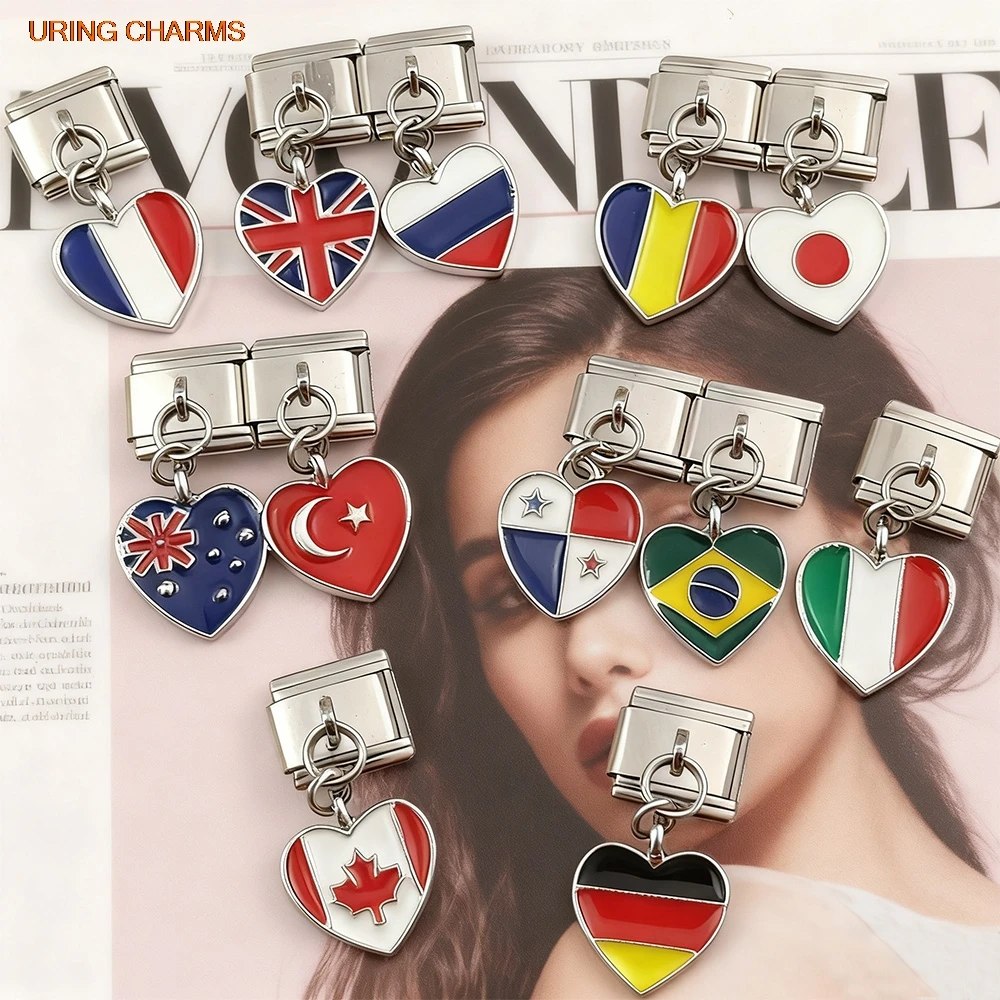 URING Elastic Charm Heart Pendant Italian Link fit 9mm Stainless Steel Trendy World National Flag Bracelet Making DIY Jewelry