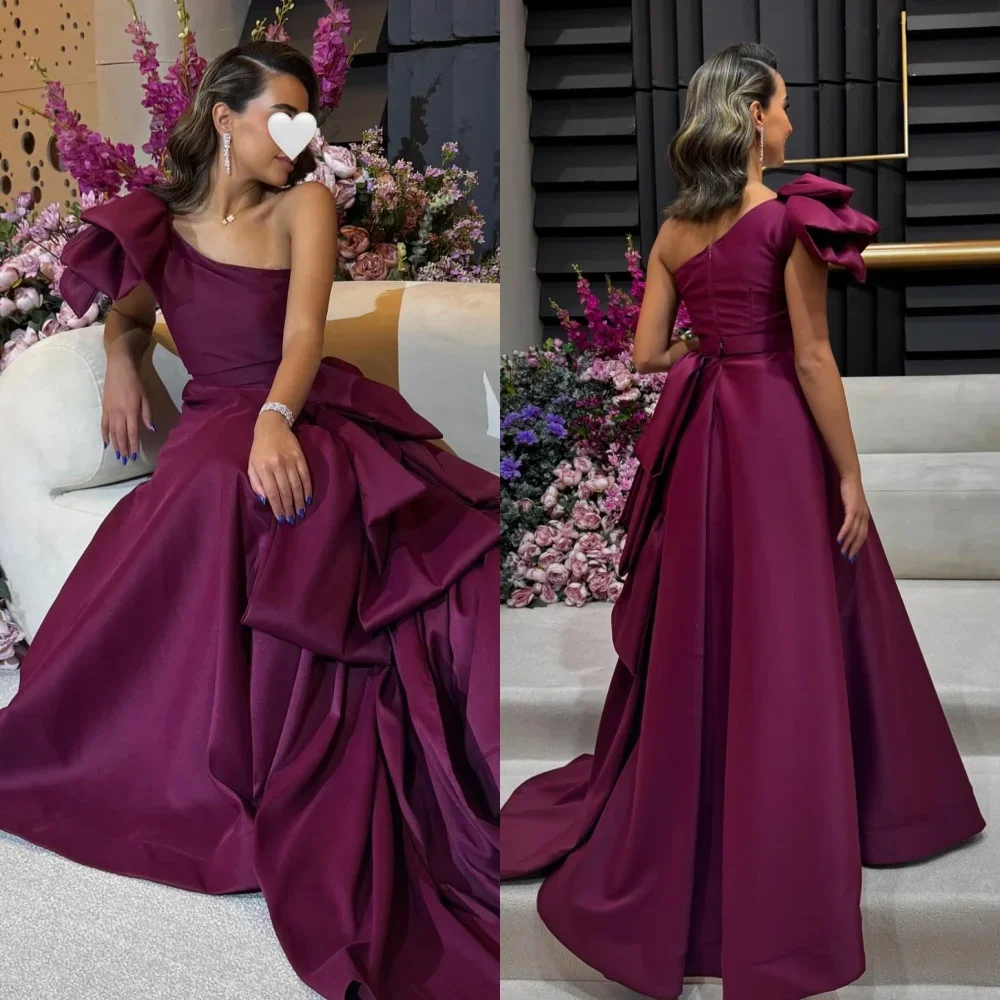 

Customized Modern Style Exquisite Pleat Ruched Evening Dress A-line One-shoulder Long Prom Dresses Sizes Available Elegant