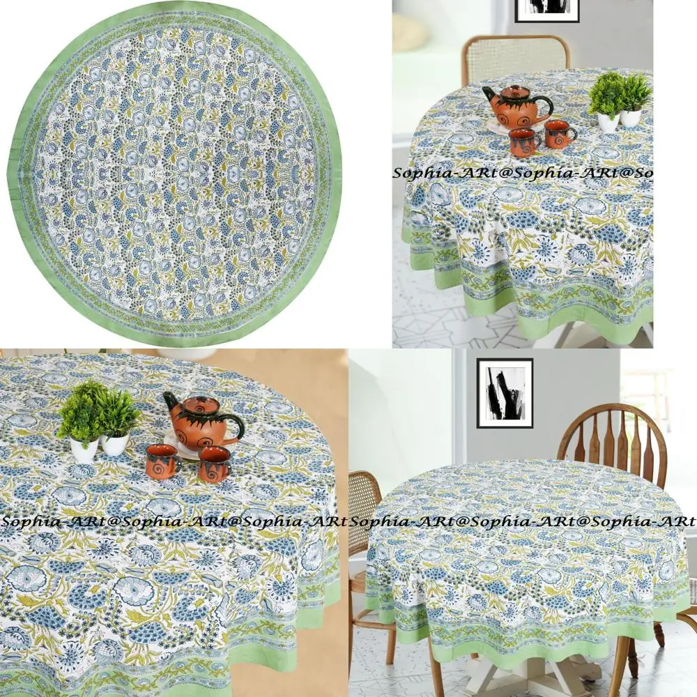 

Круглая 72 дюйма 6-местная уличная хлопковая скатерть с ручным принтом для патио, кемпинга, праздничных вечеринок, моющаяся, домашняя кухня