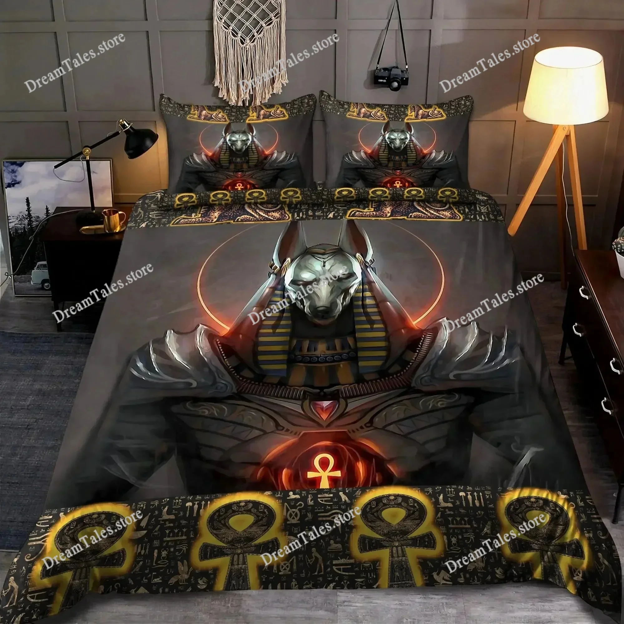Ancient Egypt Anubis Duvet Cover Set Egyptian Symbol Culture Bedding Sets Vintage Pharaoh Pyramid Boho Tribal Quilt Cover Queen