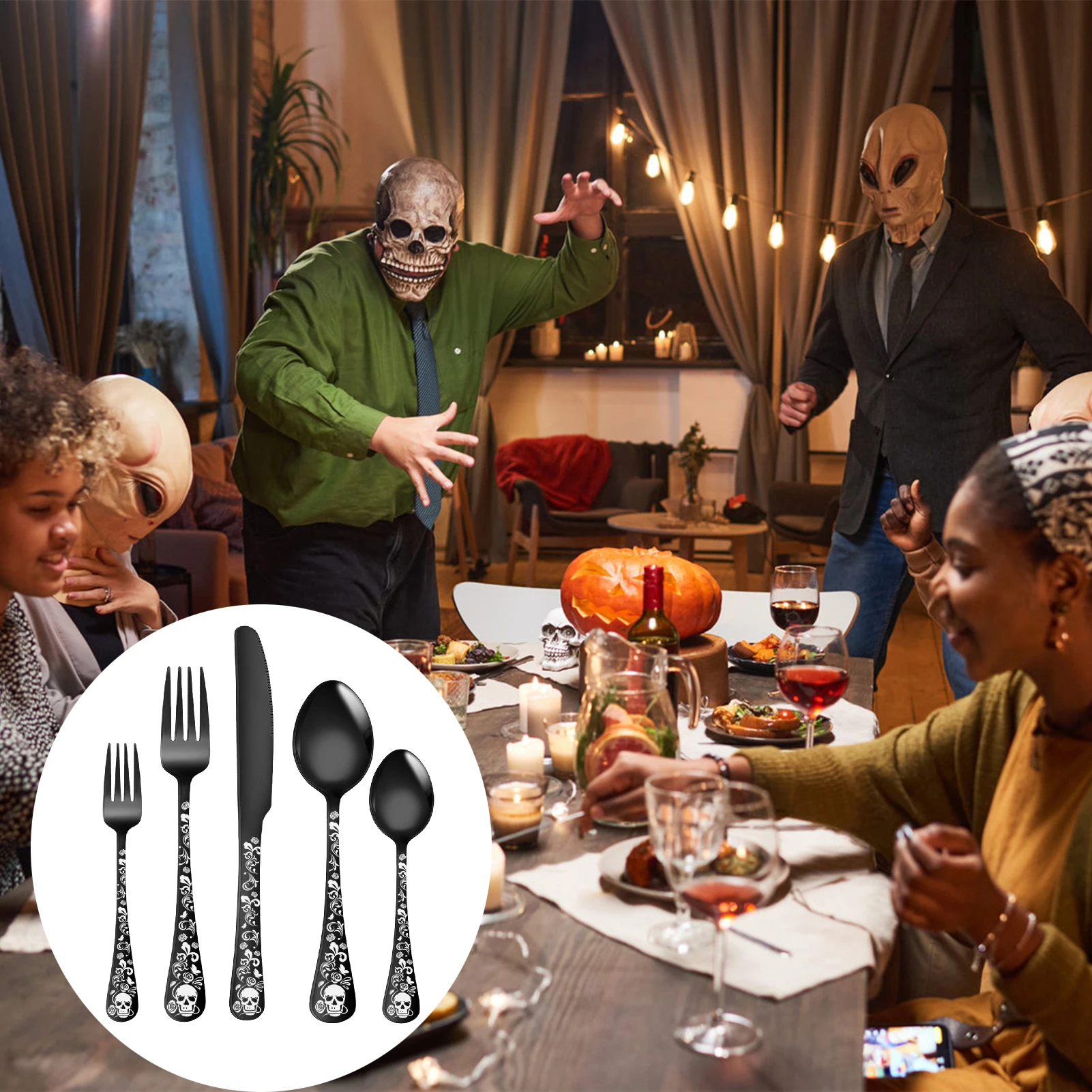 5pcs Cutlery Set Tableware Stainless Steel Gothic Spoon Fork Knife Halloween Skull Pattern Dinnerware Western Flatware Set