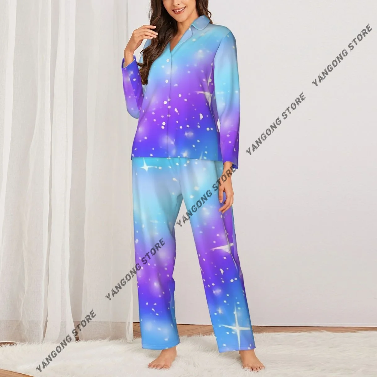 Fantasy Unicorn Fairy Stars Womens Pajamas Loungewear Two-piece Sleepwear Button-Down Full Sleeve Long Pajamas Set