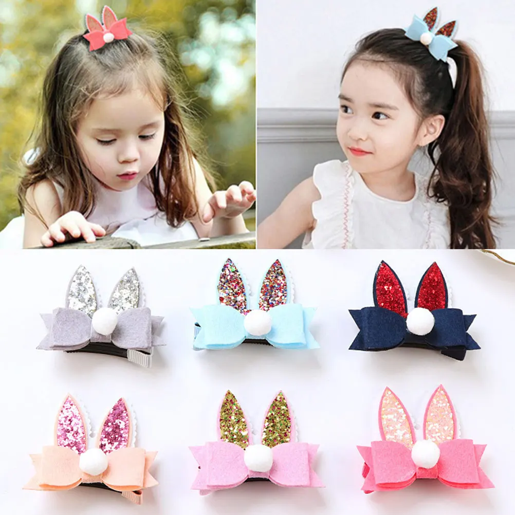 

6pcs Bowknot Rabbit Ear Hairpins Durable Hair Clips For Girls Cute Christmas Party Decoration Daily Wear Accessories Pink