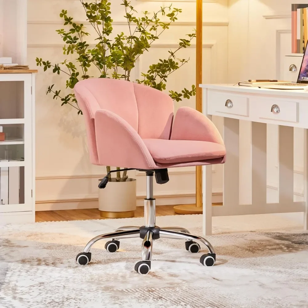 Cute Velvet Desk Chair for Home Office, Makeup Vanity Chair with Armrests for Bedroom Modern Swivel Rolling Chair for Women