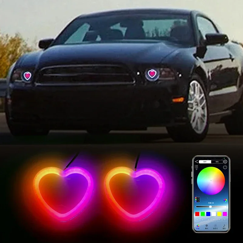 2pcs Heart-Shaped RGB Angel Eyes Halo Light Bluetooth App Control With Amber Turning Light Car Light Headlight DRL Accessories