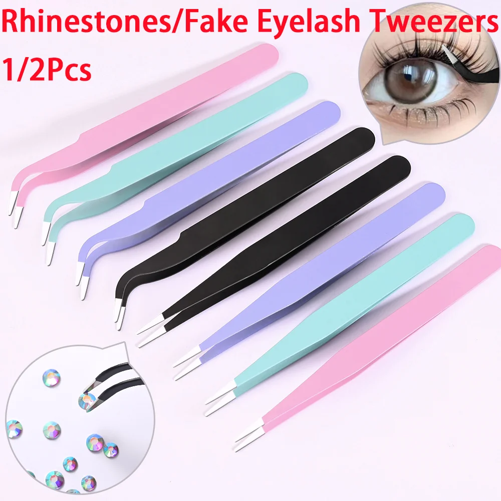 1/2Pcs Fake Eyelash Nail Art Tweezers Stainless Steel Straight Elbow Tweezer For Clip Pickup Sticker/Rhinestones Manicure Tools