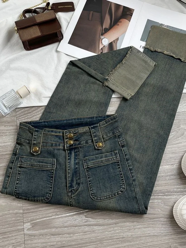 Women's High Waist Straight Leg Jeans Cuffed Loose Slimming Nine Point Dungarees Spring Autumn Patchwork Color Cement Grey