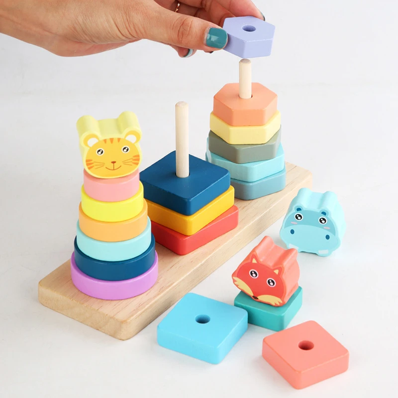 Set di abbinamento animali in legno Tavola di smistamento geometrica Giocattolo educativo per bambini Puzzle impilato Regalo per torre pilastro per bambini