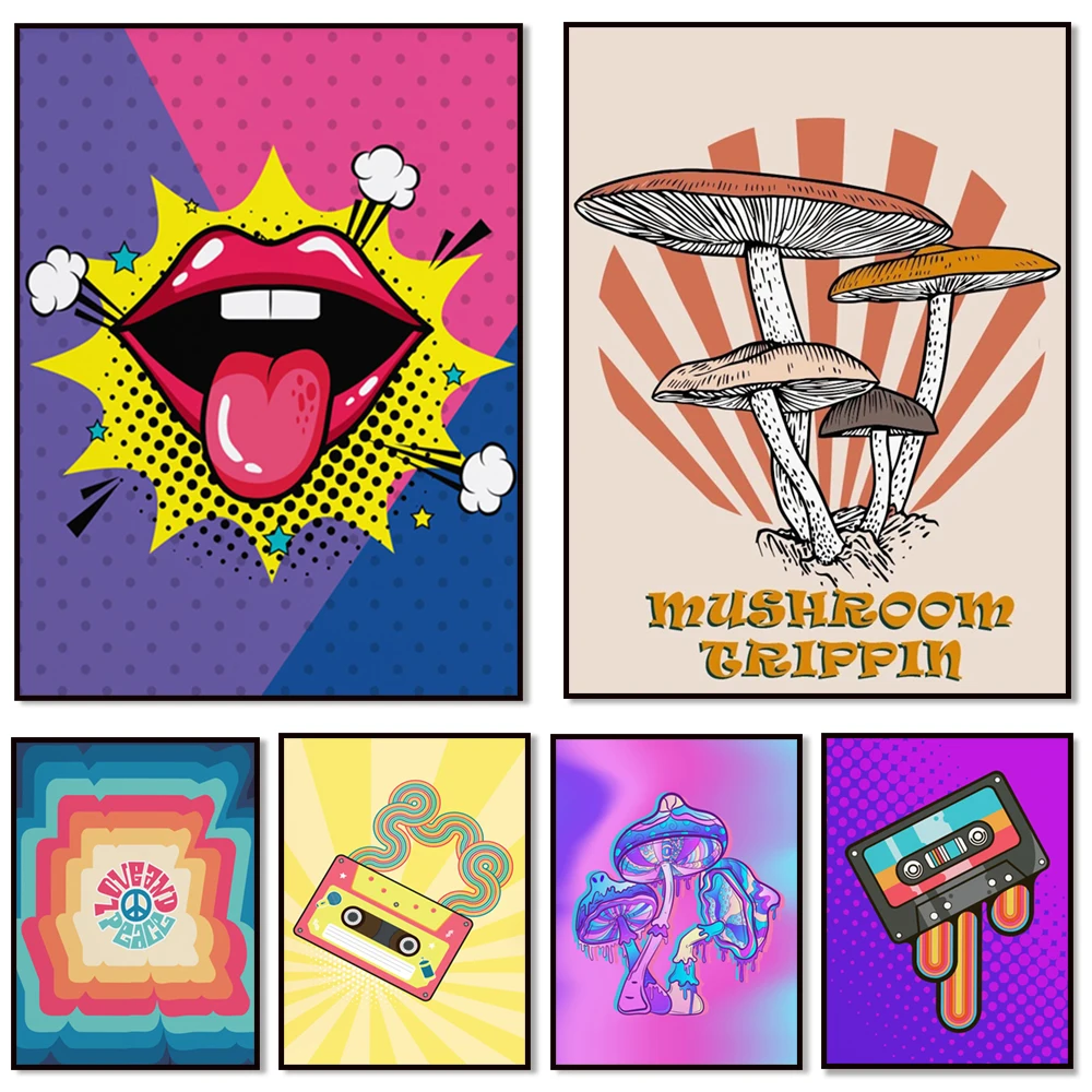 

Vintage Gradient Psychedelic Poster, Aesthetic Mushroom, Cassette, Lipstick Fashion Wall Colorful Gradient Groovy Print Poster