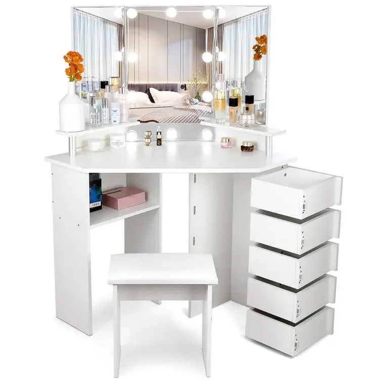 Furniture Wooden Vanity Make Up Table Makeup Table Set With Mirror and Chair