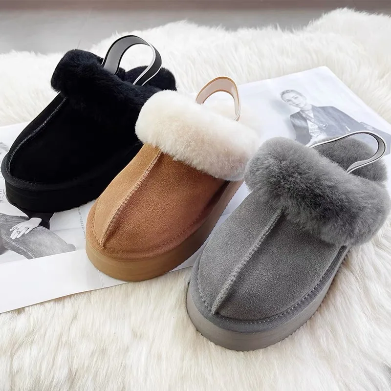 Winter new fur one-piece lace up slippers, women's thick soled snow boots, height increasing, external fur slippers