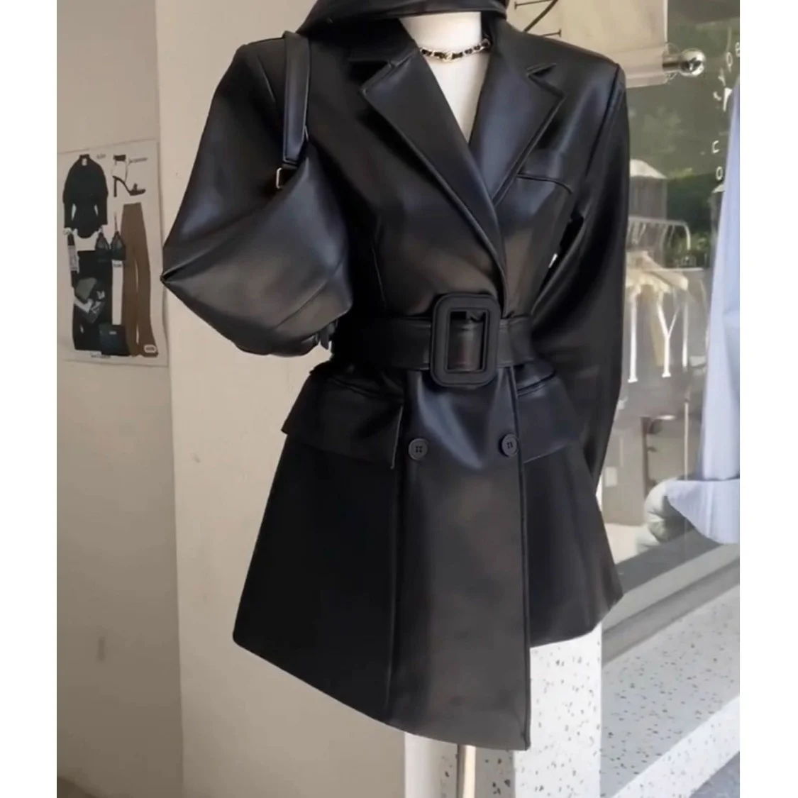 Café Brown Retro Leather Jacket Women's Autumn New Style High Waist Suit Outerwear Trendy Street Style Loose Fit Long Sleeve