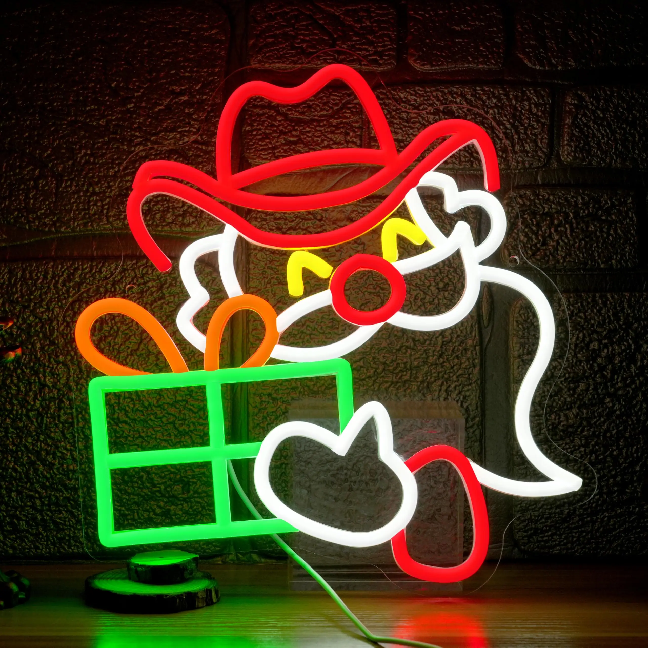 クリスマスサンタクロースネオンサインライトアップサインウォールデコレーションギフトボックス用クリスマスカウボーイハットクリスマスギフトパーティーホリデーデコレーション