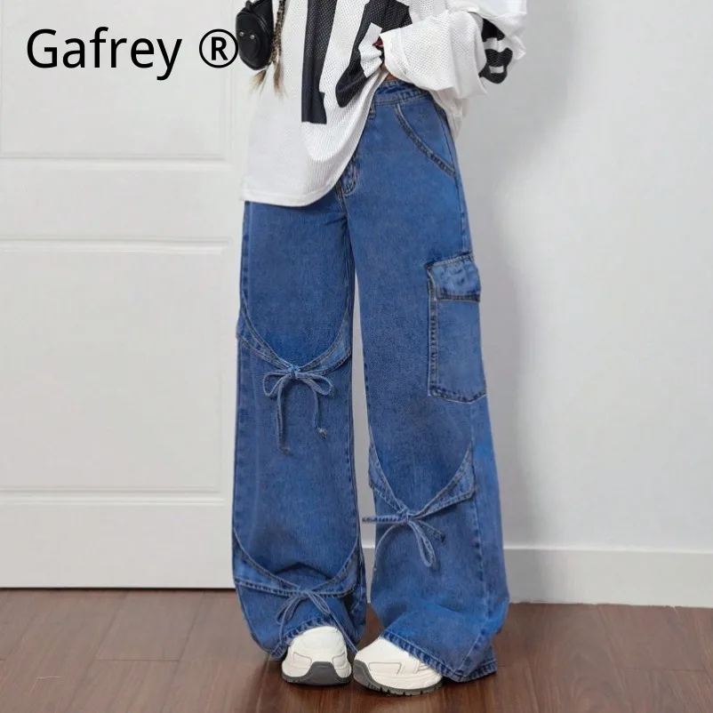 Women Bow Decor Cargo Jeans Casual Straight Wide Leg Pants Loose Fashion Streetwear Female Daily Comfort Denim Trousers