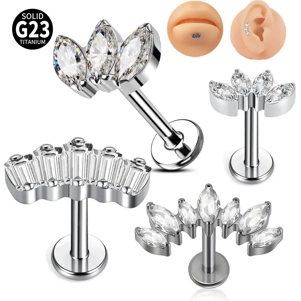 1PC ASTM F136 Titanium Cartilage Earring Piercing Marquise CZ Zircon Internally Thread Labret Ear Tragus Body Jewelry