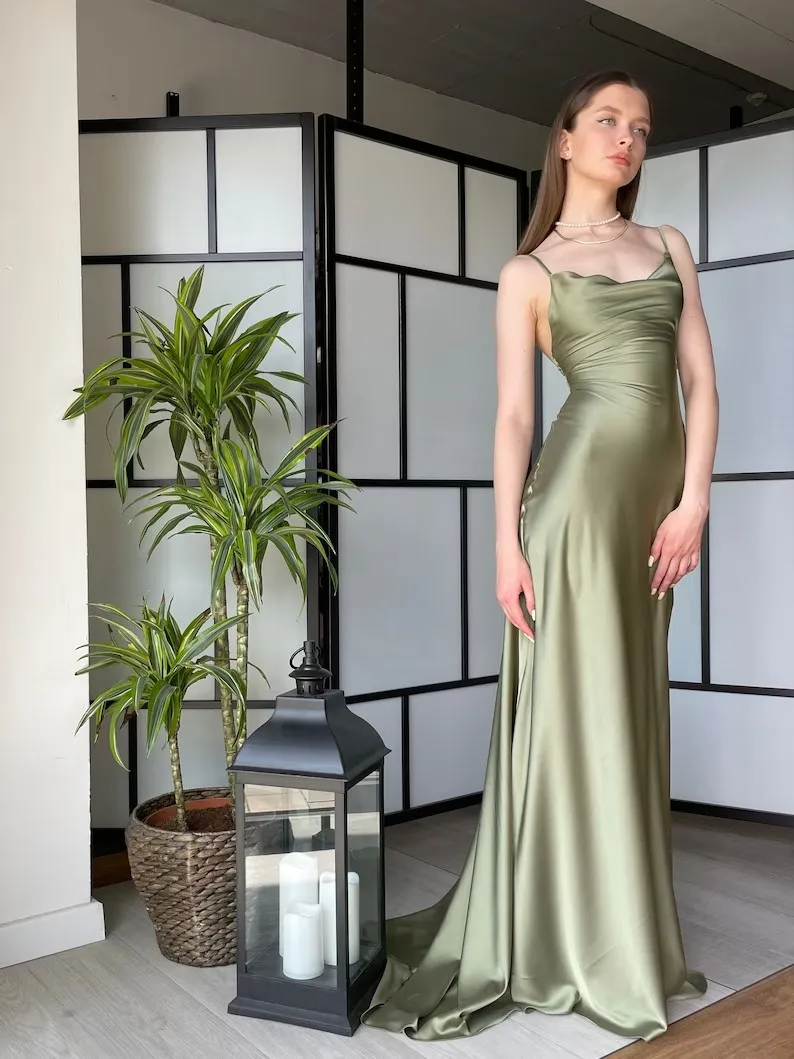 Vestido de boda Simple de satén con abertura para damas de honor, vestido de graduación largo con espalda abierta y cuello desbocado, vestido de noche