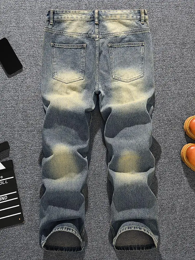 

Уличные красивые джинсы для мужчин, ностальгические ретро-ностальгические, свободные, прямая трубка, нашивка для пирсинга, изготовлен из старой джинсовой ткани, широкие брюки