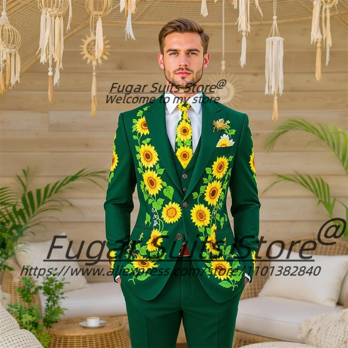 

Fashion Premium Cotton Sun Flower Embroidered Men Suits Customized Slim Peak Lapel Groom Wedding Tuxedos 3 Pcs Sets Ropa Hombre
