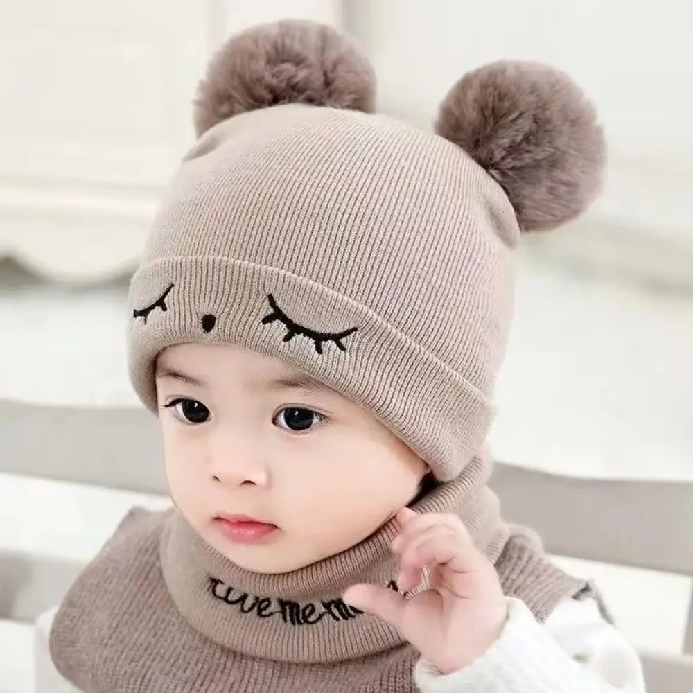 Flexible Cotton Wool Knitted Bonnet Solid Color Pompom Winter Hat Beanie 2-piece Set Warm Beanie Cap