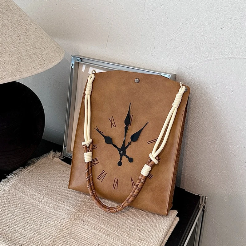 Vintage Clock Print Shoulder Bag Retro Roman Numeral Pattern Casual PU Leather Tote Bag Light‑weight Daily Shopping Handbag