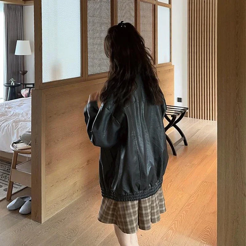 أنيمي مرحبا كيتي المرأة خمر المطرزة بولي Leather سترة جلدية Y2K الفتيات تنوعا معطف سترة فضفاضة دراجة نارية الملابس القمم