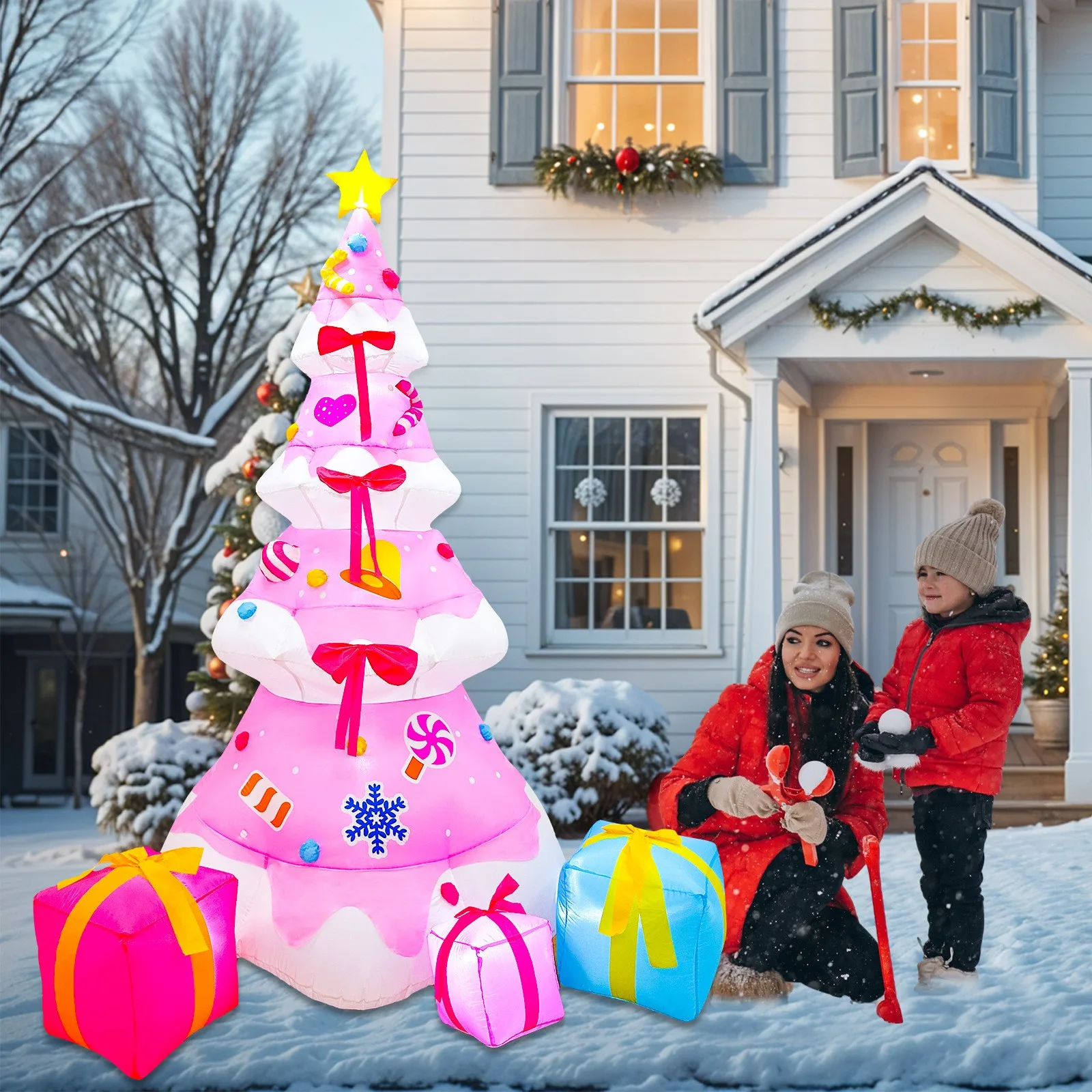 8ft 2.4m Pink Christmas Tree, Inflatable Air Model, Led Glow, Party Decoration Outdoor Garden Girl Gift Anniversary Celebration