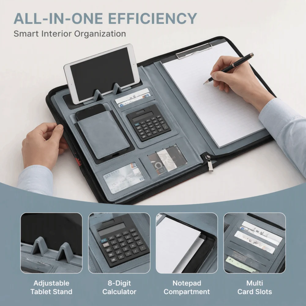 PU A4 Calculator File Folder A4 Zipper Closure Business Portfolio Circular Handle with Calculator Briefcase Bag Men
