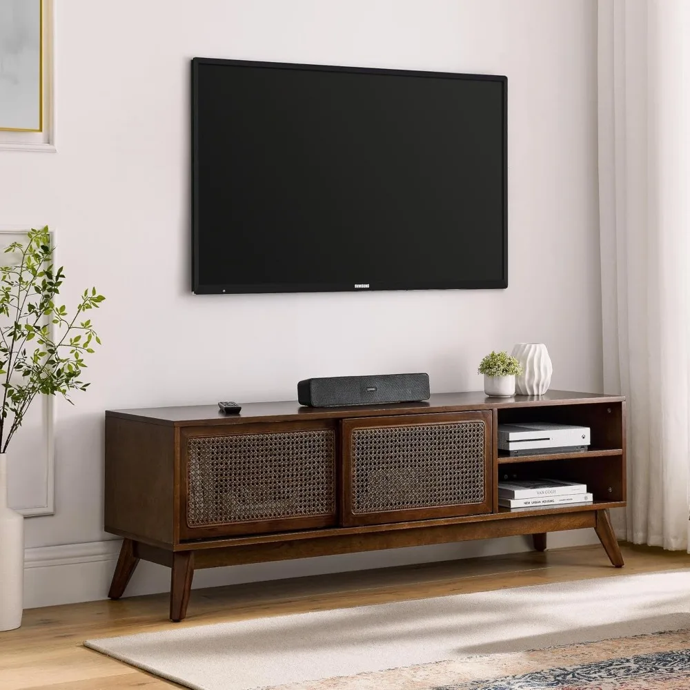 Suporte de TV moderno de meados do século de 59 polegadas com portas de armário de vime, centro de entretenimento Boho para TV de 55/60/65 polegadas, console de mídia