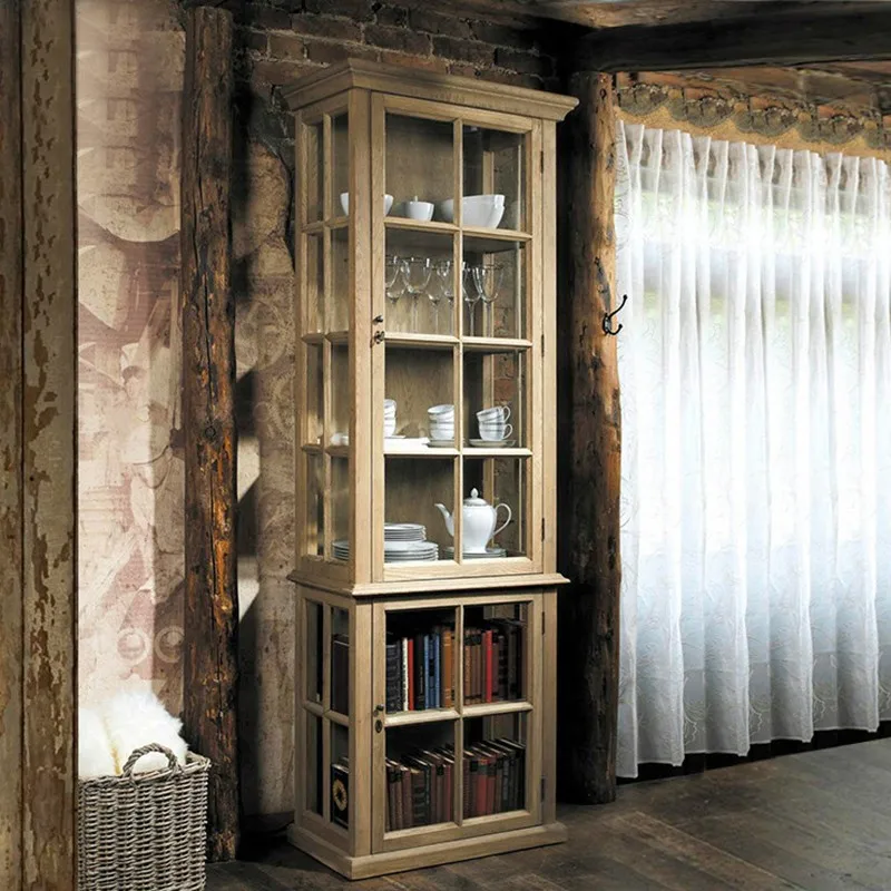 

American solid wood wine cabinet small apartment glass door display cabinet retro old furniture locker single door cabinet